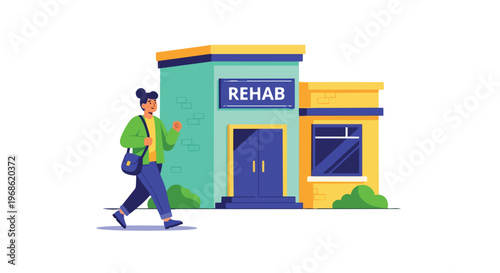 Woman walking towards a rehabilitation center building