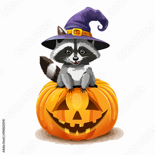 Waschbär mit Hexenhut auf Kürbis – Verspielter Vektor