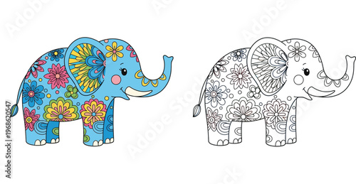 Vector Illustration of a Cute Elephant with Floral Mandala Patterns, Coloring Page Set for Children and Adults, Decorative Blue Elephant and Black and White Line Art