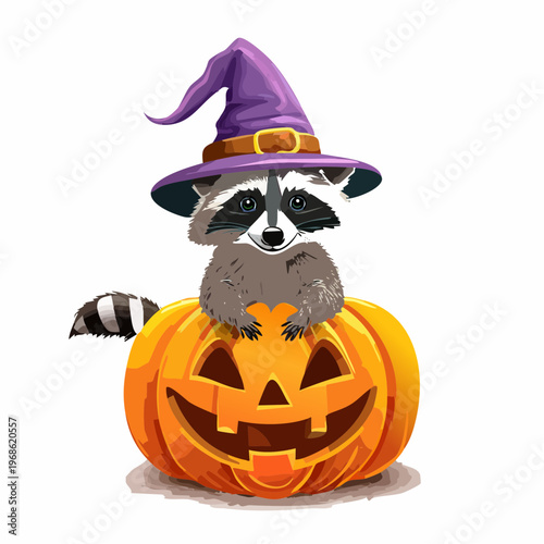 Waschbär mit Hexenhut auf Kürbis – Verspielter Vektor