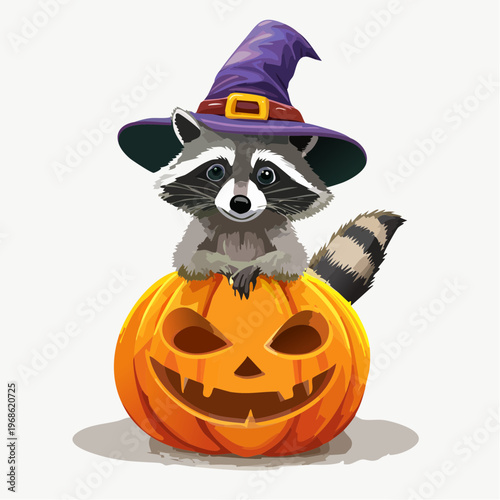 Waschbär mit Hexenhut auf Kürbis – Verspielter Vektor
