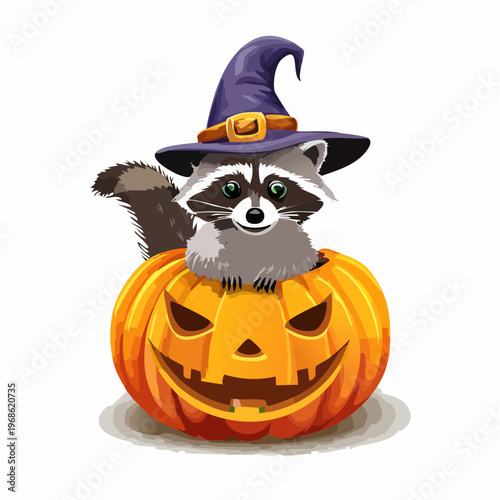 Waschbär mit Hexenhut auf Kürbis – Verspielter Vektor