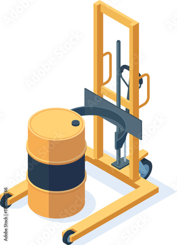 Yellow drum lifter handling industrial storage barrel