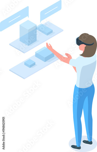Woman wearing VR headset interacting virtual reality objects