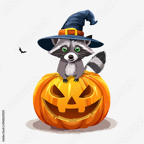 Waschbär mit Hexenhut auf Kürbis – Verspielter Vektor