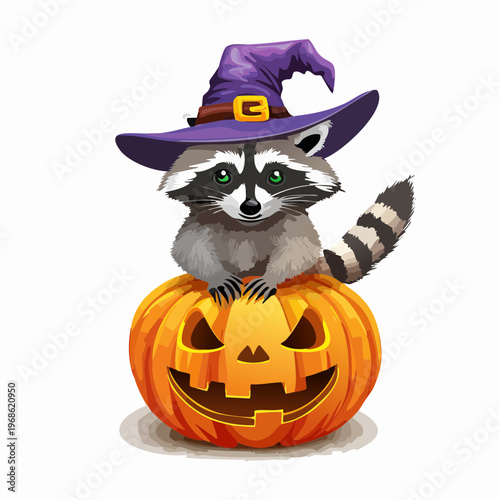 Waschbär mit Hexenhut auf Kürbis – Verspielter Vektor