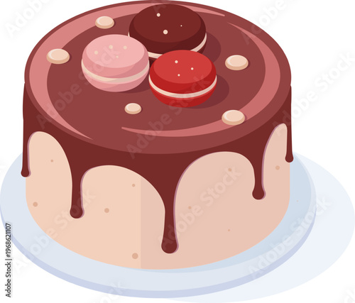 Isometric cake with chocolate glaze and macarons