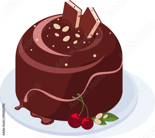 Chocolate dessert cake with cherries and nuts
