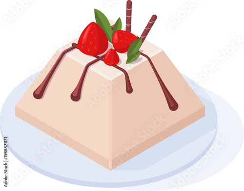 Dessert with strawberries, chocolate, and mint leaves on plate