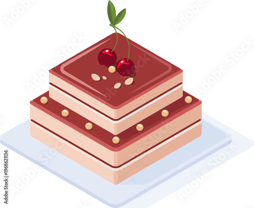 Isometric tiered dessert with cherries and nuts topping