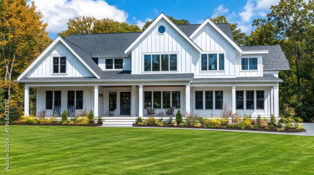 Fototapeta premium Modern white farmhouse exterior with lush green lawn