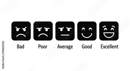 Five square faces displaying varying emotions ranging from bad to excellent presented as a black silhouette high quality professional detailed modern