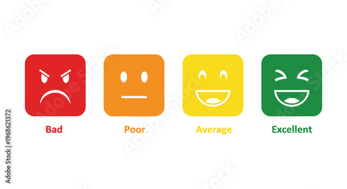 Four colored square faces displaying varying emotions ranging from angry to joyful with text labels silhouette high quality professional detailed