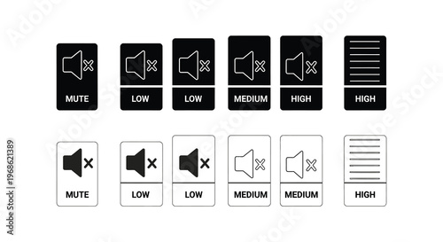 A collection of black and white speaker volume control icons displaying mute low medium and high levels silhouette high quality