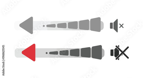 Two slider controls one red and one grey depicting volume adjustment with mute symbols silhouette high quality professional detailed modern elegant
