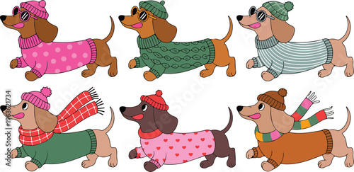 Cute dachshund dogs cartoon set in childlike style running jumping wearing sweaters hats glasses berets flat vector illustration