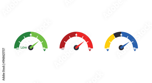 Three colorful gauge indicators displaying low medium and high levels presented as a striking silhouette high quality professional detailed modern elegant