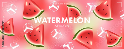 Summer mesh gradient banner with glossy blurred watermelon slices and ice cubes on a soft pink background. Fresh seasonal composition in red, green, and pastel tones for headers, posters, and promos.