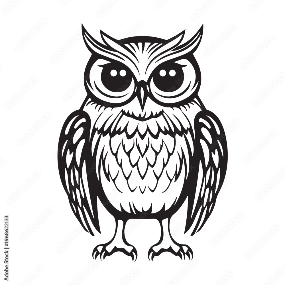 Obraz premium Owls black sketch. Angry owl, hand drawn wild forest birds heads. Decorative engraving illustration, abstract vector bird set.