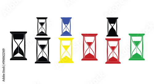 Colorful hourglasses in a row depicting the passage of time