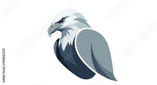 A stylized graphic illustration of a majestic eagle with a sharp gaze, rendered in shades of grey and white on a clean white background.