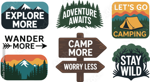 Set of adventure themed outdoor vector labels and badges, collection of camping and hiking themed designs for travel.