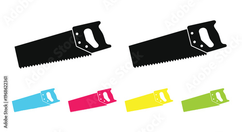 Four colorful hand saws in various orientations a graphic illustration