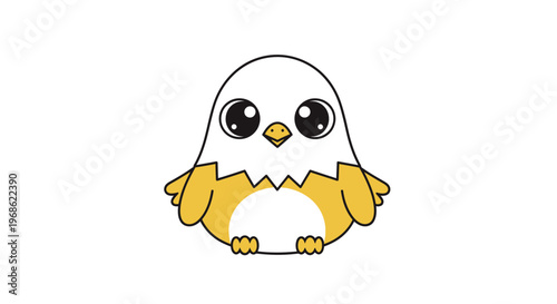 Cute cartoon baby chick with big eyes and yellow body on a white background.