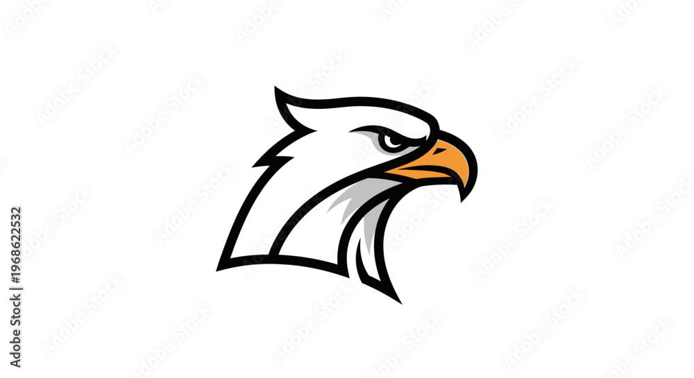 Fototapeta premium A striking black silhouette of an eagle's head, depicted in profile against a clean white background, showcasing its sharp features and powerful gaze.