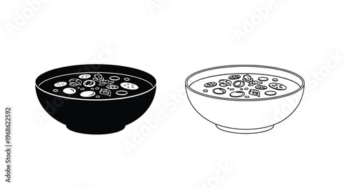 Two bowls of soup with visible ingredients depicted in black and white