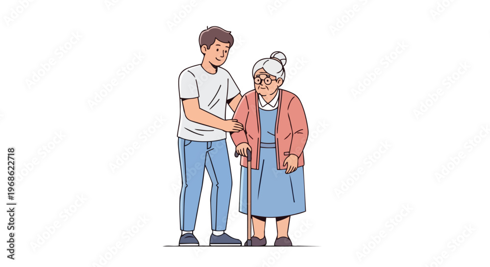 Obraz premium Young man supporting elderly woman with walking cane
