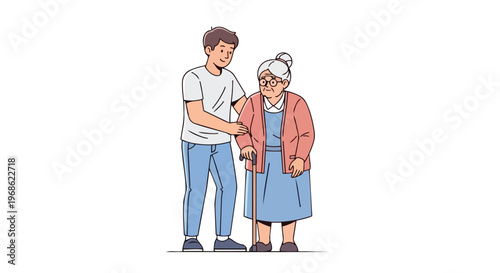 Young man supporting elderly woman with walking cane