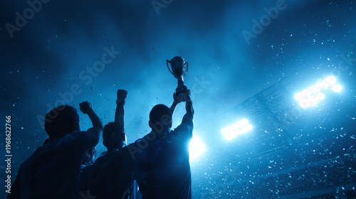 Football players silhouettes lifting trophy world cup winners celebration under stadium lights with confetti. 