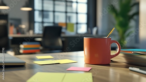 Orange coffee mug on a desk with sticky notes and books nearby