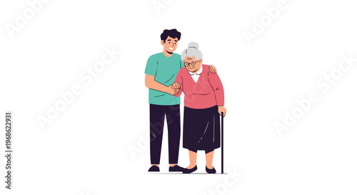 Young Caregiver Supporting Elderly Woman with Walking Stick