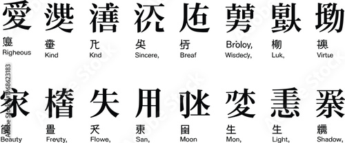 Chinese kanji calligraphy symbols set with meanings like righteous, kind, sincere, virtue, beauty, flower, sun, moon, and light flat vector illustration
