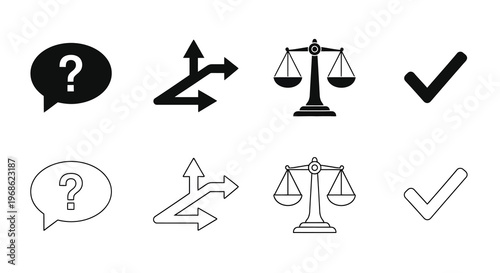 Black and white icons depicting questions choices justice and confirmation