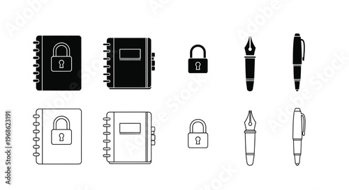 Black and white icons depicting notebooks locks and writing tools