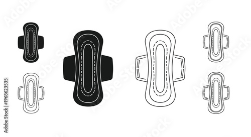 Four variations of sanitary pads depicted in black and white outlines