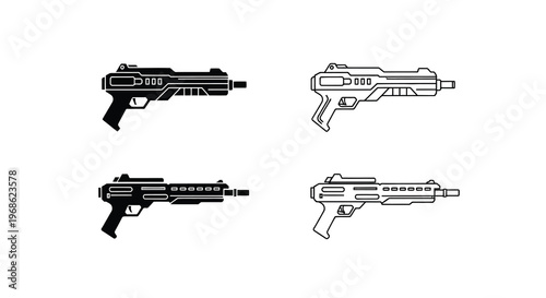 Stylized black and white illustrations of futuristic ray guns repeated variations