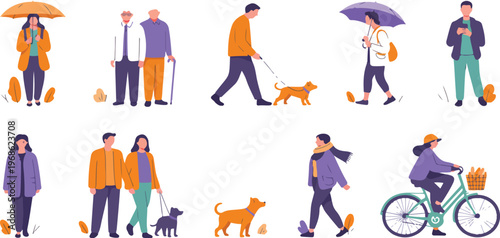 People in autumn season walking cycling and walking dog with umbrella in fall park street flat vector illustration set