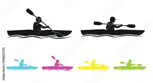 Silhouette of a kayaker paddling on water in multiple colors
