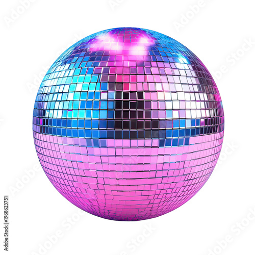 A shiny disco ball on transparent background reflecting vibrant colors