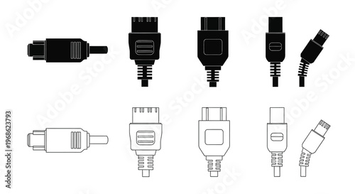 Various computer and audio video connectors displayed in black and white