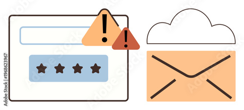Data security, online safety, phishing prevention, cybersecurity, digital risk, email protection. Warning icons overlaying a password field and email envelope. Data security and phishing prevention