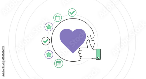 Heart Icon with Thumbs Up and Checkmarks - Positive Feedback Concept