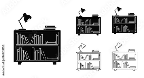 Black and white illustration of bookshelves with books and lamps