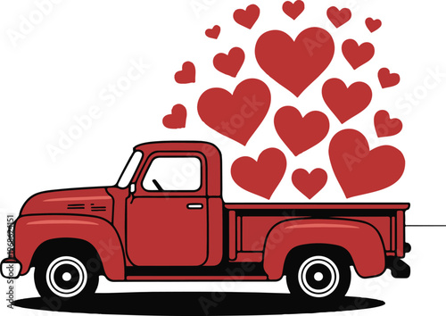 Vintage truck carrying heart shapes for valentine day love romance celebration greeting cards and gifts.