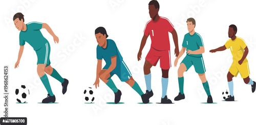 Cartoon football players vector set with men and women athletes in uniform dribbling, kicking, and playing soccer action illustrations