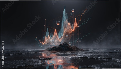 Glowing Orange and Teal Financial Data Graph Hologram Over Dark Landscape, Gigapixel Standard V2 4x